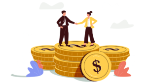 Pay Transparency – flat people on coin stacks graphic
